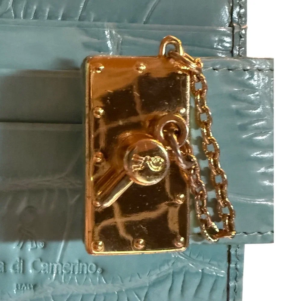 Roberta Di Camerino VTG Aqua Croc Emboss Leather Wallet Gold Trompe-L'oiel Italy